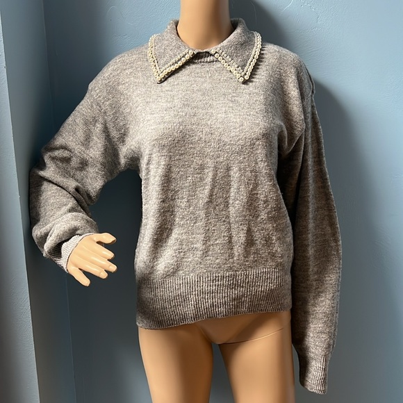 H&M Sweater Womens Small Gray Faux Pearl Beads Collar Wool Stretch Blend Winter - Picture 5 of 11
